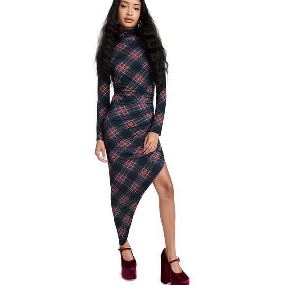 Norma Kamali Black Tartan Plaid Long Sleeve Turtle Neck Side Drape Gown - Picture 2 of 7